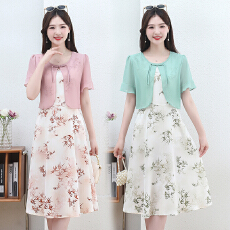 批发时尚拼接假两件套短袖<b class='q'>连衣裙</b>女2026夏装新款雪纺印花裙子