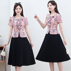 批发时尚拼接假两件套短袖<b class='q'>连衣裙</b>女2026夏装新款雪纺印花裙子