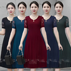 批发蕾丝拼接短袖百褶连衣裙女2026夏装新款<b class='q'>中年</b><b class='q'>大码</b>时尚修身雪纺裙子