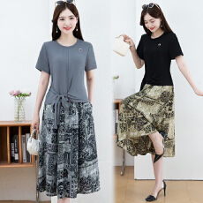 批发时尚拼接假两件套短袖<b class='q'>连衣裙</b>女2026夏装新款雪纺印花裙子