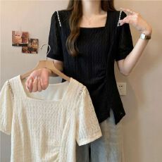 批发实拍~2026夏季<b class='q'>新款</b>胖MM遮肉显瘦气质百搭捏褶显瘦方领大码上衣