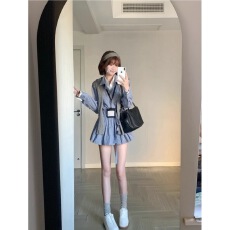 批发CallmeEar假两件衬衫裙学院风衬衫裙秋系带收腰A字<b class='q'>连衣裙</b>