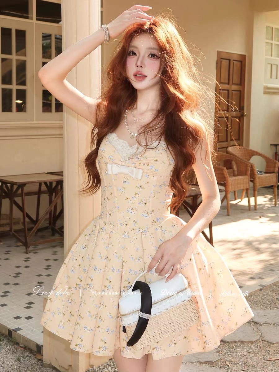lazydidi 남쪽 법 햇빛 4 30 신제품 생선뼈 단어 Pleat 레이스 꽃무늬 면 센스 드레스