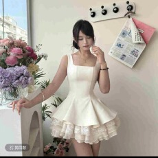 批发白瓷公主白色收腰显瘦甜美千金风蓬蓬公主裙夏季气质无袖连衣裙