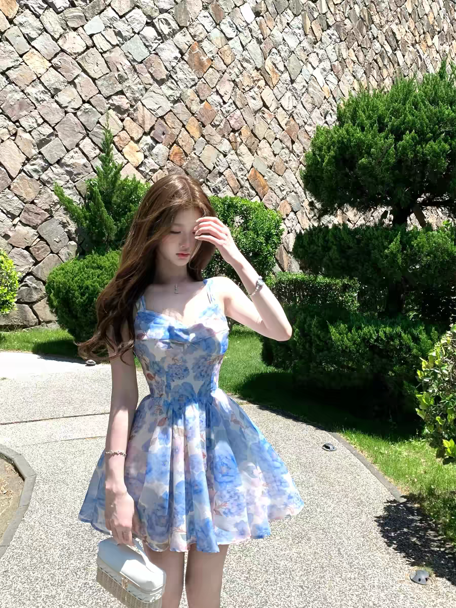 q 여자 집 5 13 하늘빛 유토피아 3 차원 자르기 슬립 톰 글 래 원인 블루 꽃무늬 몸매 가꾸기 휴가 드레스