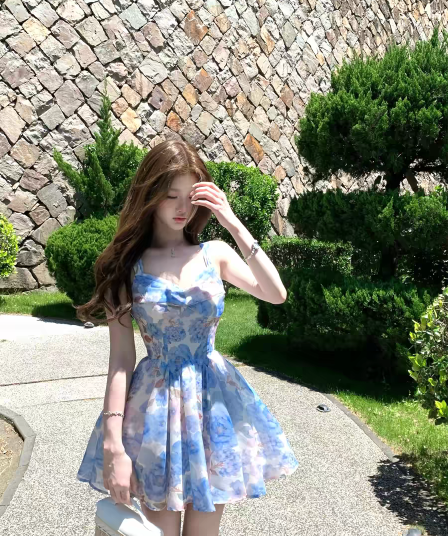q 여자 집 5 13 하늘빛 유토피아 3 차원 자르기 슬립 톰 글 래 원인 블루 꽃무늬 몸매 가꾸기 휴가 드레스