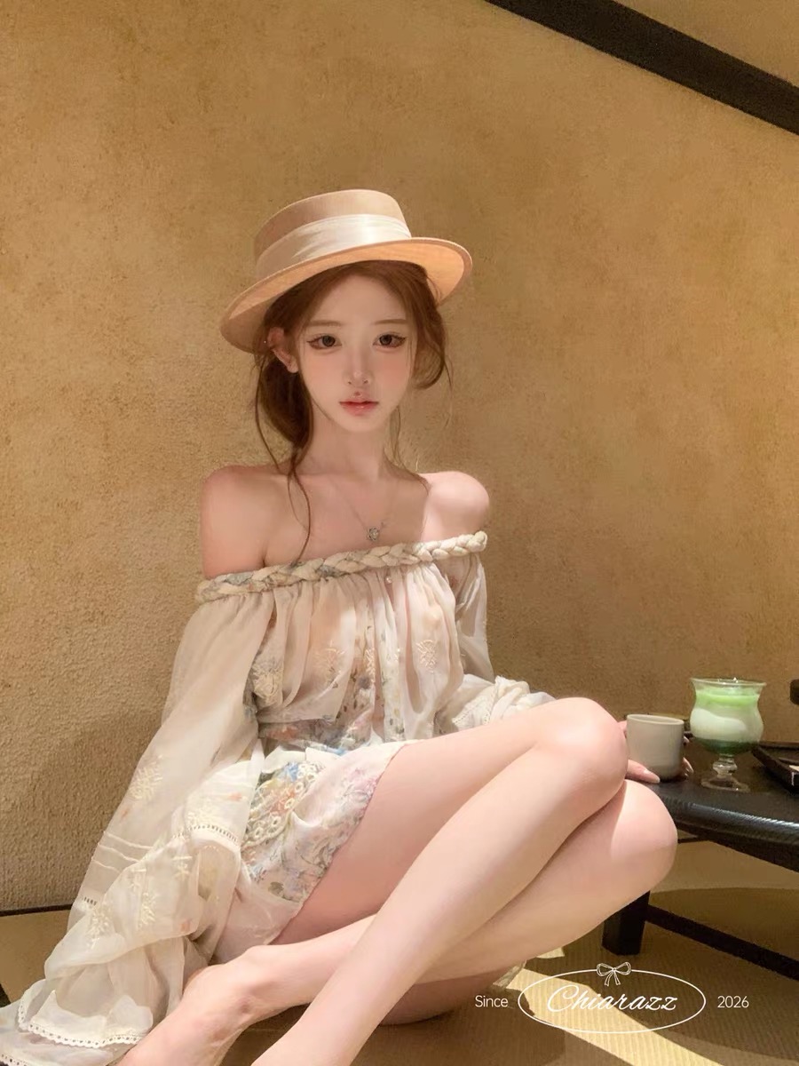 수영장 자오 짜오 26ss 남쪽 법 꽃 다이안 z1m 꽃무늬 자수 꽈배기 오프숄더 셔츠 반 스커트 세트 그룹