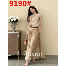 批发<b class='q'>夏</b>天穿搭一整套小香风休闲纯色荡领无袖背心上衣褶皱半身裙套装女