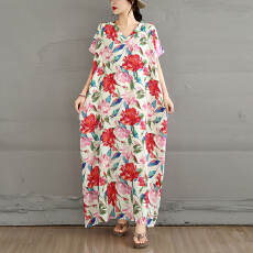 批发实拍 春夏<b class='q'>蝙蝠</b>袖宽松棉绸清新花卉印花长袍<b class='q'>连衣裙</b>V领长袍女