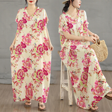 批发实拍 春夏<b class='q'>蝙蝠</b>袖宽松棉绸大花印花长袍<b class='q'>连衣裙</b>V领长袍女