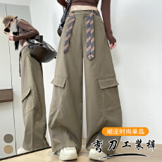 批发实拍美式复古阔腿工装休闲裤<b class='q'>女</b>秋冬新款卡其色高腰宽松长裤弯刀裤