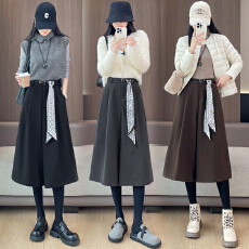 批发实拍设计感丝巾腰带毛呢<b class='q'>七分</b>阔腿裤女秋冬宽松显瘦百搭休闲直筒裤