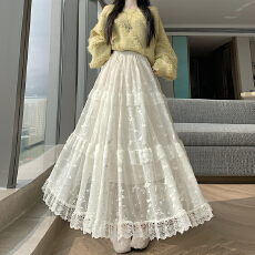 批发实拍~重工<b class='q'>蕾丝</b>拼接半身裙女秋冬新款加厚高腰显瘦a字大摆裙蛋糕裙