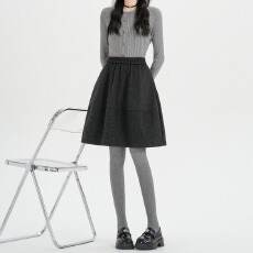 批发实拍~灰色毛呢短裙女秋冬季新款中裙松紧腰高腰显瘦<b class='q'>百搭</b>a字半身裙