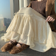 批发实拍 蕾丝拼接高腰<b class='q'>半身裙</b>女秋冬<b class='q'>新款</b>温柔风超仙气质a字蛋糕长裙潮