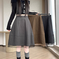 批发实拍~毛呢花苞半身裙女冬季新款<b class='q'>高腰</b>显瘦拼接a字裙蓬蓬短裙女