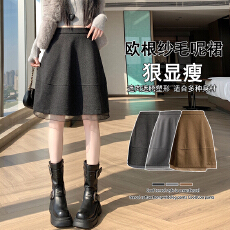 批发实拍~毛呢花苞半身裙女冬季新款<b class='q'>高腰</b>显瘦拼接a字裙蓬蓬短裙女