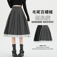 批发实拍 百褶毛呢拼接花边高腰显瘦<b class='q'>半身裙</b>女冬季新款百搭a<b class='q'>字</b>遮胯中<b class='q'>裙</b>