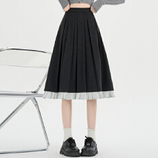 批发实拍 百褶毛呢拼接花边高腰显瘦<b class='q'>半身裙</b>女冬季新款百搭a<b class='q'>字</b>遮胯中<b class='q'>裙</b>