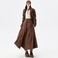 批发实拍复古咖色不规则拼接<b class='q'>半身裙</b><b class='q'>女</b>冬季新品高级设计感百搭中长<b class='q'>裙</b>