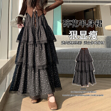 批发实拍 复古层次感蛋糕长裙百搭显瘦拼接<b class='q'>蕾丝</b>碎花A字<b class='q'>半身裙</b>女伞裙