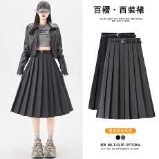 批发实拍早春新款学院风灰色百褶<b class='q'>半身裙</b><b class='q'>女</b>高腰显瘦a字西装百搭中裙