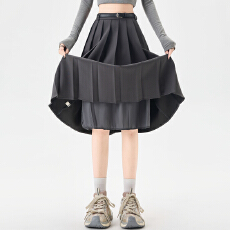 批发实拍早春新款学院风灰色百褶<b class='q'>半身裙</b><b class='q'>女</b>高腰显瘦a字西装百搭中裙