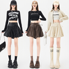 批发实拍 设计感咖色PU皮裙裤女春秋新款高腰显瘦系带花苞短裤潮