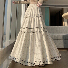 批发实拍早春新款韩系木耳花边波点大摆裙女拼接高腰百搭设计感半身裙