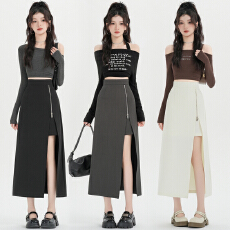 批发实拍2026春季新款设计感高腰显瘦西装长裙女小众辣妹拉链开叉长裙
