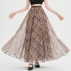 批发实拍 春夏网纱格子半身裙女新款高腰<b class='q'>气质</b>显瘦a字垂感大摆伞裙长裙