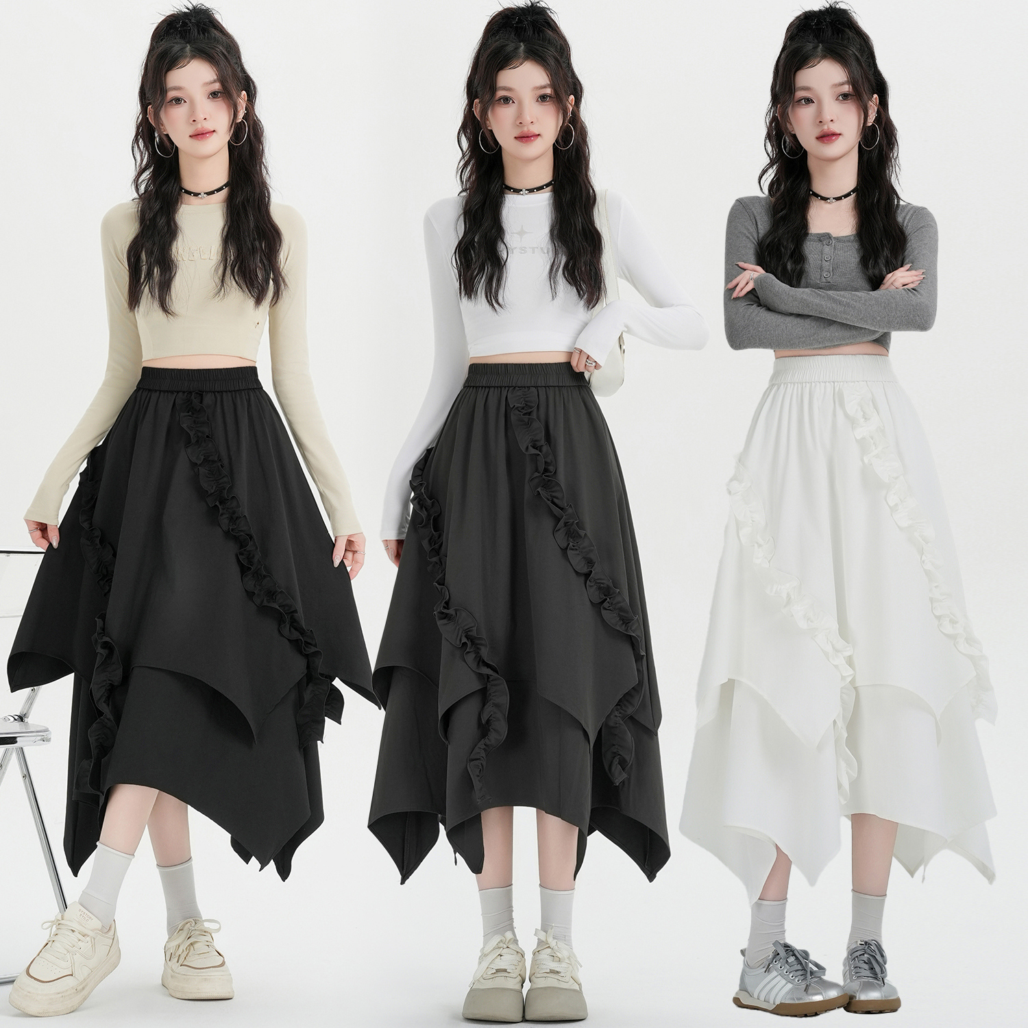 실사 한 부서 프릴 패치워크 불규칙 한 마디 반신 스커트 여성 여름 새로운 하이웨이스트 슬림해 보이는 중간 길이 스커트