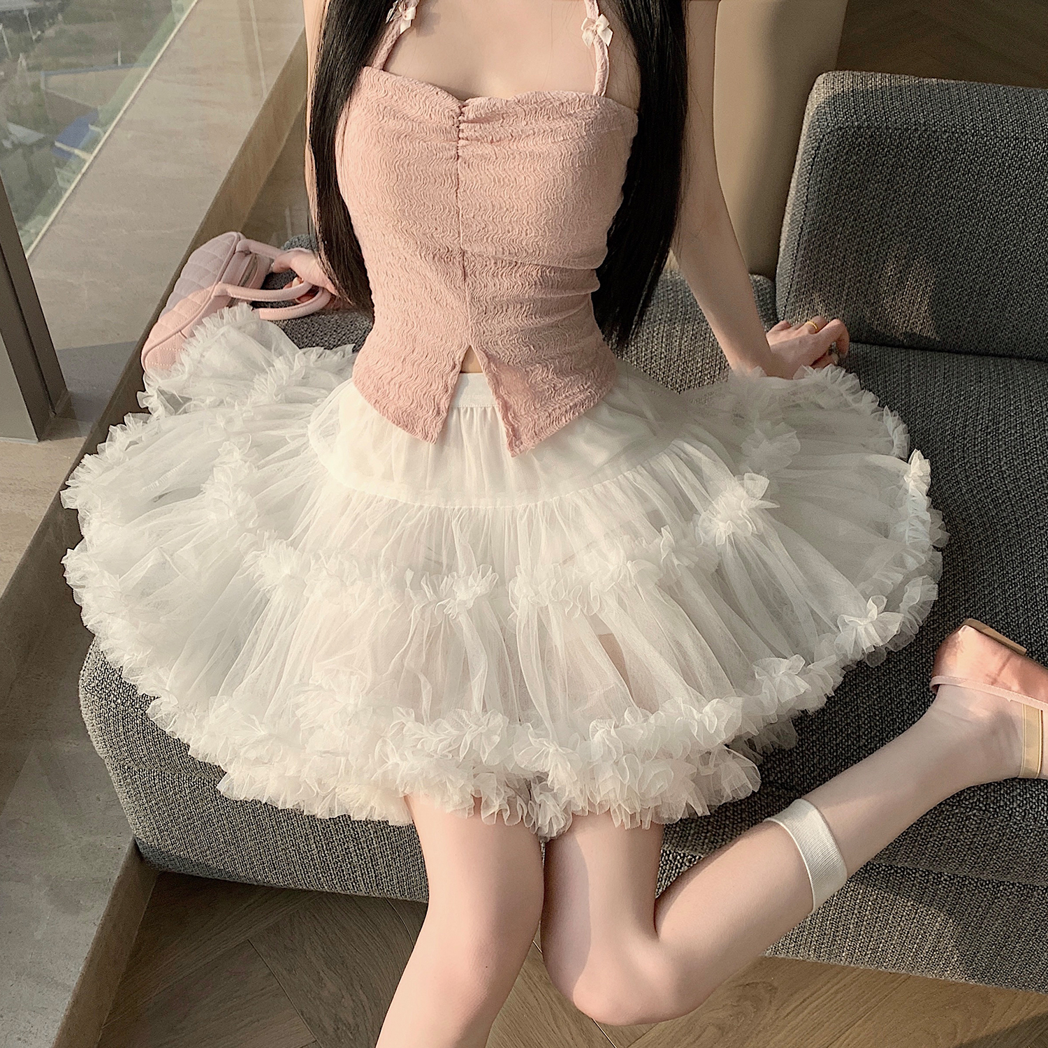 실사 봄 여름 새로운 발레 바람 망사 케이크 반신 스커트 하이웨이스트 슬림해 보이는 한 마디 퍼프 공주 드레스 노출 방지