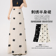 批发实拍~亚麻刺绣<b class='q'>蕾丝</b>拼接<b class='q'>半身裙</b>女2026夏季新款a字中长款设计感裙子