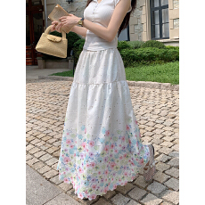 批发实拍~法式甜美重工刺绣印花半身裙女高腰显瘦中长款仙女裙a字长裙