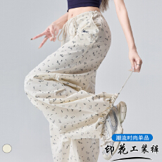 批发实拍~印花工装裤女夏季新款高腰宽松休闲阔腿裤美式复古运动裤