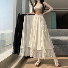 批发实拍~设计感蕾丝拼接百搭半身裙女夏季新款高腰显瘦A字中长<b class='q'>裙子</b>