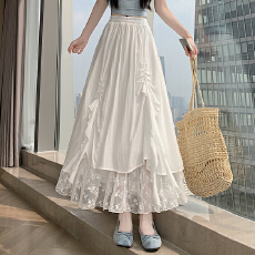 批发实拍 设计感蕾丝拼接百搭<b class='q'>半身裙</b>女夏季<b class='q'>新款</b>高腰显瘦A字大摆中长裙