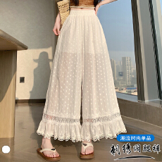 批发实拍~法式刺绣镂空蕾丝花边阔腿裤<b class='q'>女</b>夏季薄款白色裙裤高腰直筒裤