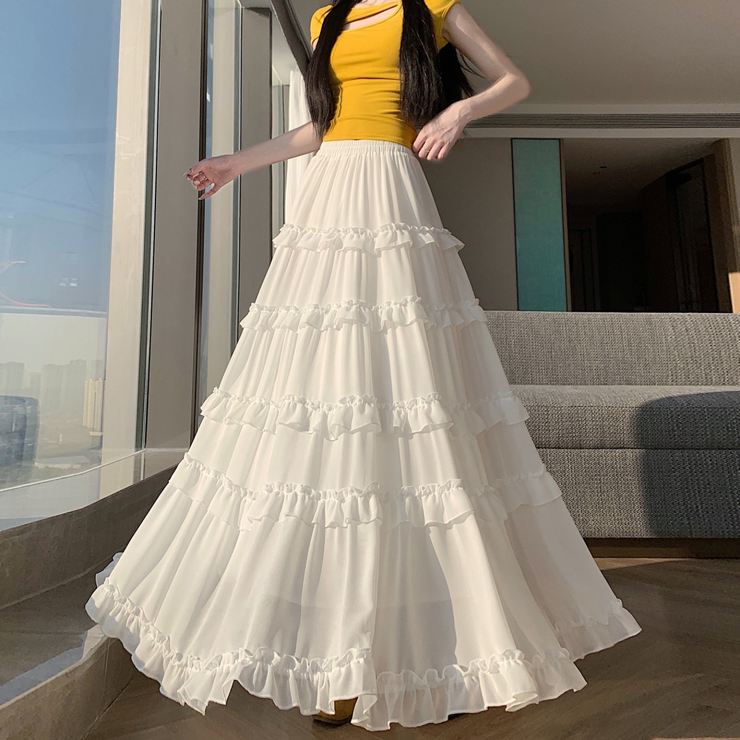 RY3511# 实拍~荷叶边大摆蛋糕裙女夏季新款高腰显瘦雪纺长裙a字仙女半...