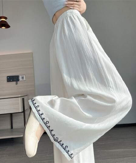 실사 면 린넨 와이드 레깅스 바지 2026 여름 새로운 하이웨이스트 아마 자수 얇은 스타일 캐주얼 바닥 청소 바지