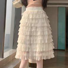 批发实拍 韩系网纱拼接层层蛋糕半身裙女夏季松紧高腰褶皱A字蓬蓬中裙