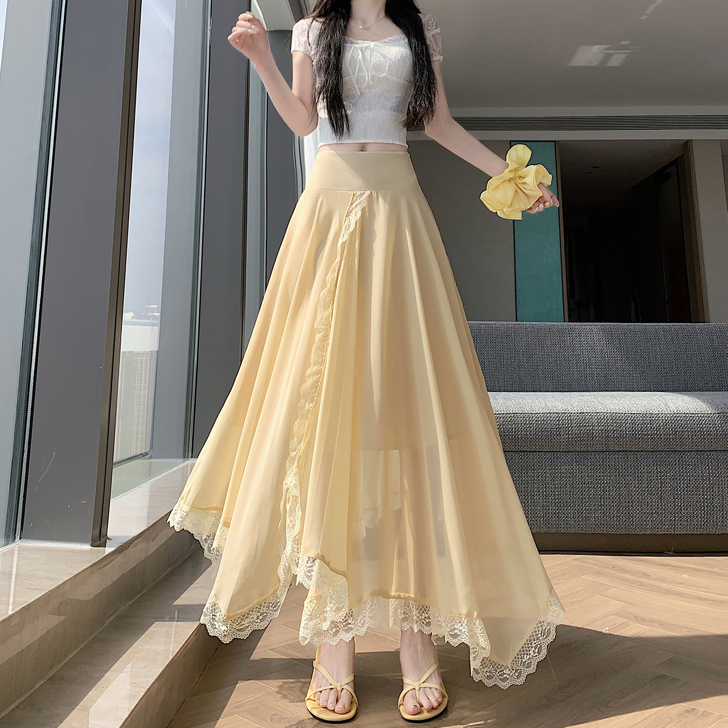 실사 프랑스식 부드러운 바람 하이웨이스트 한 마디 반신 스커트 여성 여름 새로운 레이스 조각 쉬폰 중간 길이 빅 플레어 스커트