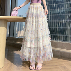 批发实拍~韩系重工拼接碎花网纱a字蛋糕裙女<b class='q'>夏</b>季新款高腰显瘦休闲长裙