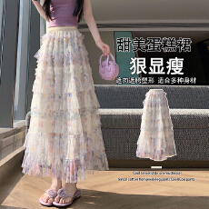 批发实拍~韩系重工拼接碎花网纱a字蛋糕裙女<b class='q'>夏</b>季新款高腰显瘦休闲长裙