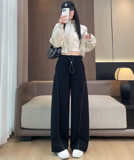 실사 느긋한 느슨함 센스 펌프 로프 넓은 다리 캐주얼 바지 여성 가을 겨울 새로운 조거 하이웨이스트 슬림해 보이는 운동 바지
