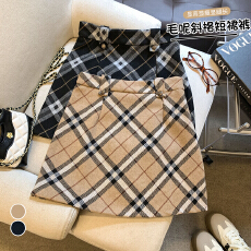 批发<b class='q'>实拍</b>~秋冬新款甜辣妹纯欲风毛呢复古格纹高腰a字半身裙短裙女
