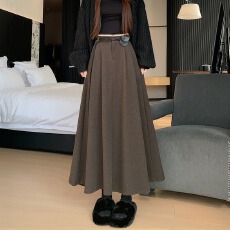 批发实拍咖色伞裙半身裙<b class='q'>女</b>2026新款高腰秋冬毛呢赫本风中长<b class='q'>西装</b>a字裙