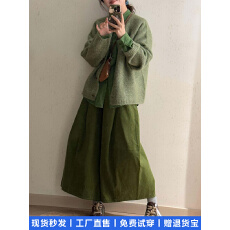 批发复古绿色灯芯绒半身裙女秋冬2025新款松弛感中长款加厚裙子花苞裙