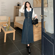 批发春装搭配一整套牛仔吊带连衣裙微胖MM收腰显瘦气质背心裙白色衬衫